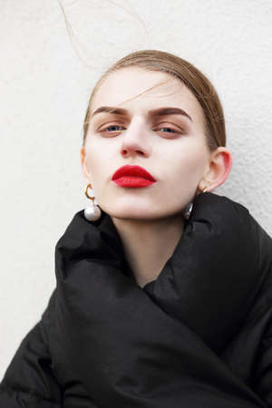 Portrait of a stylish woman in a black jacket. Fashion. Clothing.の写真素材