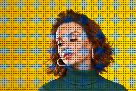 Portrait of a woman in pop art style. Yellow and blue mosaic. Concept and design.