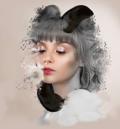 Portrait of a woman, collage - strokes of paint, splashes and dust, artistic effect. Concept and design.の写真素材