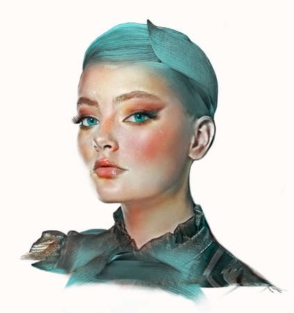 Portrait of a teenage girl with short green hair. Close-up of the face, long eyelashes, freckles. Head bandage. Collage, art and design.の写真素材