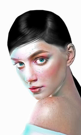 Portrait of a woman with black hair. Blue eyes. An attentive look. Creativity and design.の写真素材