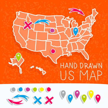 Hand drawn US map whith map pins vector illustrationのイラスト素材