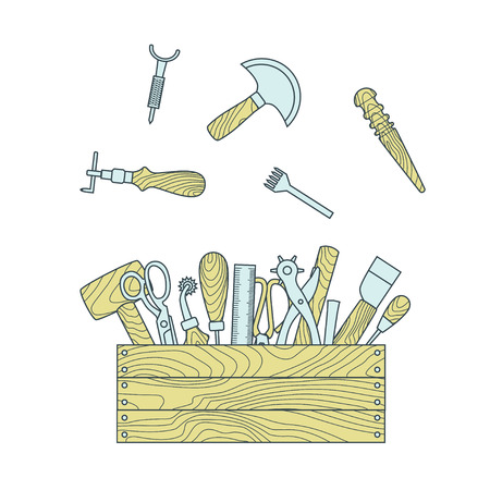 Leather working tools in toolbox vector illustrationのイラスト素材