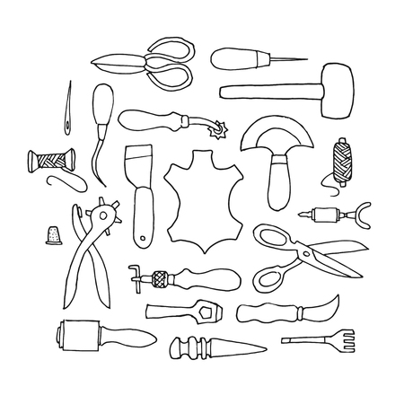 Hand drawn Leather working tools on white backgroundのイラスト素材