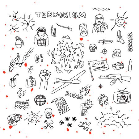 Hand Drawn terrorism doodles with blood splatters vectorのイラスト素材