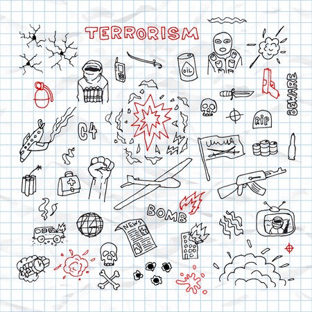 Hand Drawn terrorism doodles on crumpled paper vectorのイラスト素材