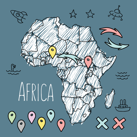 Doodle Africa map on navy chalkboard with pins and extras vector illustrationのイラスト素材