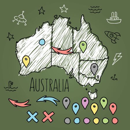 Doodle Australia map on green chalkboard with pins and extras vector illustration.のイラスト素材