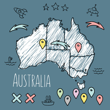 Doodle Australia map on blue chalkboard with pins and extras vector illustration.のイラスト素材