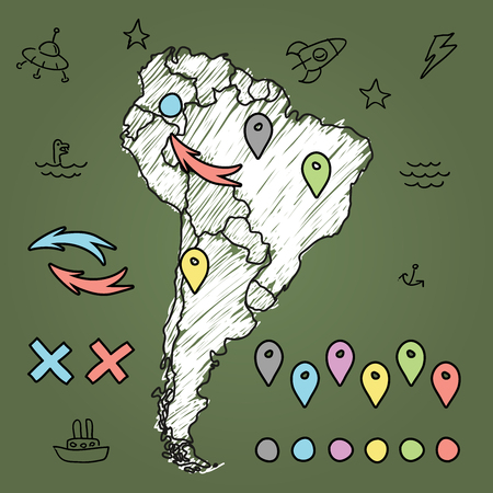 Doodle South America map on green chalkboard with pins and extras vector illustration.のイラスト素材