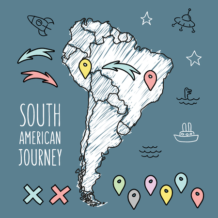 Doodle South America map on navy blue chalkboard with pins and extras vector illustration.のイラスト素材