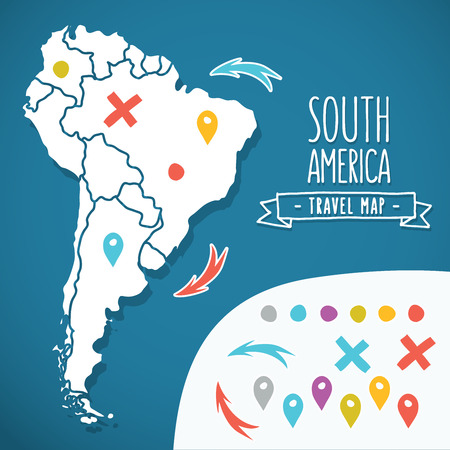 Hand drawn South America travel map with pins vector illustration.のイラスト素材
