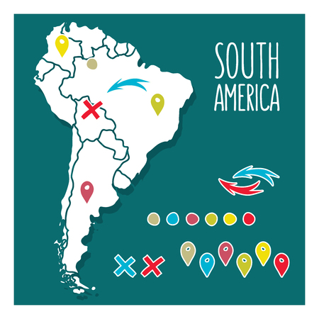 Vintage Hand drawn South America travel map with pins vector illustration.のイラスト素材