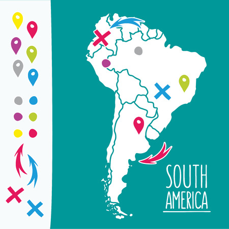 Vintage Hand drawn South America travel map with pins vector illustration.のイラスト素材