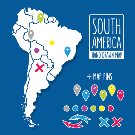 Cartoon style hand drawn travel map of South America with pins vector illustration.のイラスト素材