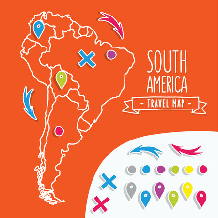 Linear style hand drawn travel map of South America with pins vector illustration.のイラスト素材
