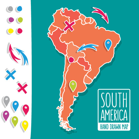 Cartoon style hand drawn travel map of South America with pins vector illustration.のイラスト素材