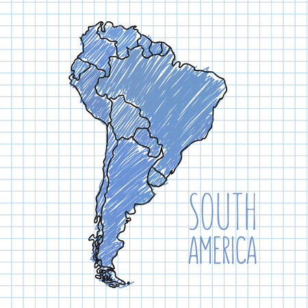 Blue vector pen hand drawn South America map on paper illustration.のイラスト素材