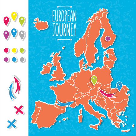 Cartoon style hand drawn journey map of europe with pins vector  illustrationのイラスト素材