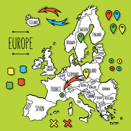 Cartoon style hand drawn travel map of Europe with pins vector  illustrationのイラスト素材