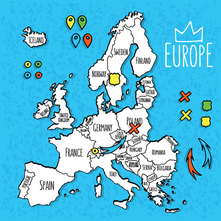 Cartoon style hand drawn travel map of Europe with pins vector  illustrationのイラスト素材