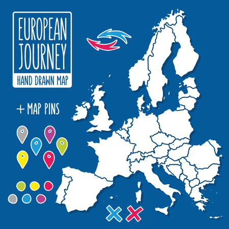 Cartoon style hand drawn journey map of europe with pins vector  illustrationのイラスト素材