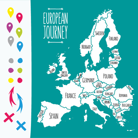 Vintage Hand drawn Europe travel map with pins vector  illustrationのイラスト素材