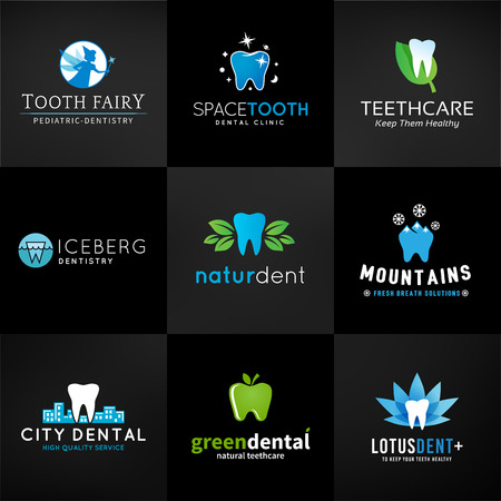 Set of dental logos. Vector tooth designs. Teeth clinic template. Creative health concept. Oral care symbols collection on dark background.のイラスト素材