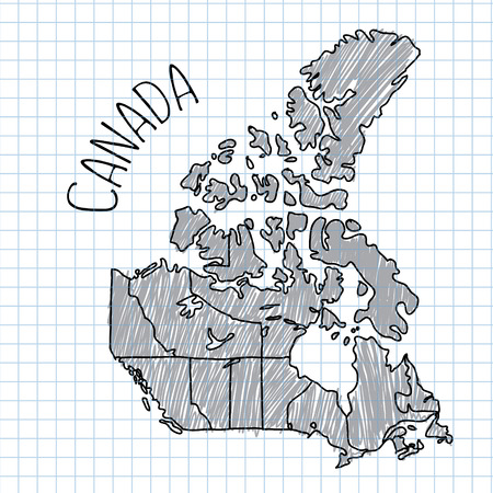 Grey and black pen hand drawn Canada map vector on paper illustration. Notebook plaid sheet.のイラスト素材