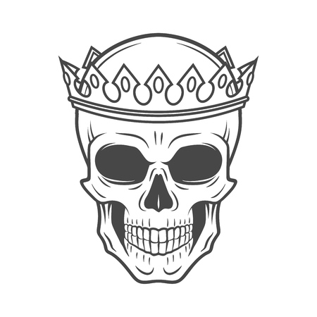 Skull King Crown design element. Vintage Royal t-shirt illustration. Dark skeleton insignia conceptのイラスト素材