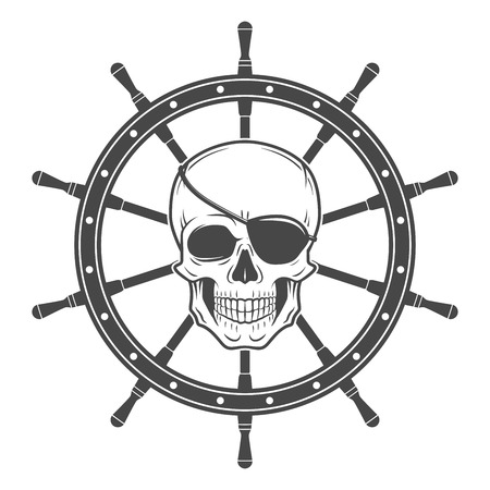 Jolly Roger with eyepatch logo template.  Dark t-shirt design. Pirate insignia concept.のイラスト素材