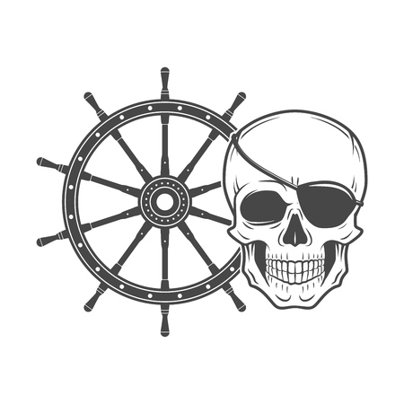Jolly Roger with eyepatch logo template.  Dark t-shirt design. Pirate insignia concept.のイラスト素材