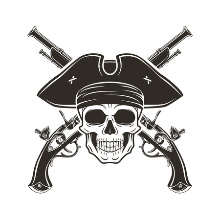 Evil captain skull in cocked hat vector. Jolly Roger logo template. death t-shirt design. Pistol insignia conceptのイラスト素材