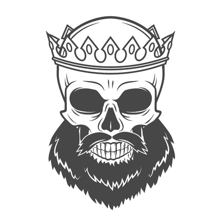 Bearded Skull King with Crown. Vintage Cruel tyrant portrait design. Royal t-shirt illustration. Old prince logo templateのイラスト素材