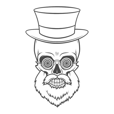 Bearded skull with hypnotic grasses and top hat. Crazy steampunk professor portrait. Dead victorian doctor vintage logo.のイラスト素材