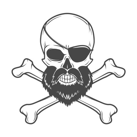 Pirate skull with beard, eye patch and crossed bones vector. Edward Teach portrait. Corsair logo template. Filibuster t-shirt insignia design.のイラスト素材