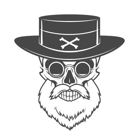 Head hunter skull with beard, hat and glasses vector. Rover logo template. Bearded old man t-shirt designのイラスト素材