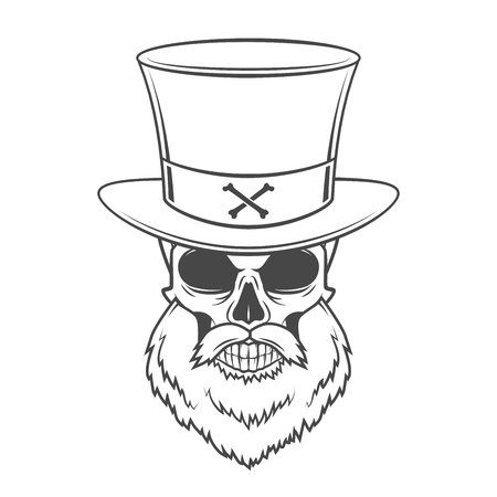 Head hunter skull with beard, hat and glasses vector. Rover logo template. Bearded old man t-shirt design.のイラスト素材