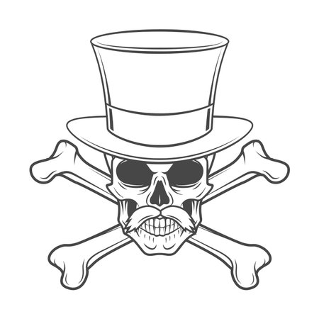 Outlaw skull with mustache, high hat and crossbones portrait. Crossbones head hunter logo template. Steampunk rover t-shirt insignia design.のイラスト素材