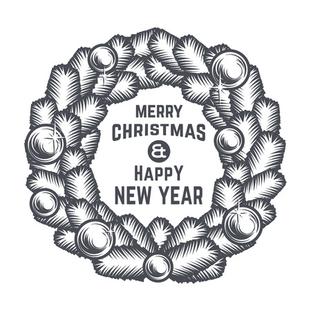 Merry Christmas wreath vector design. Vintage happy New Year postcard. X-mas banner for party, sale, print. December poster or badgeのイラスト素材