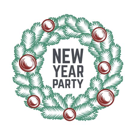 Merry Christmas wreath vector design. Vintage happy New Year postcard. X-mas banner for party, sale, print. December poster or badgeのイラスト素材