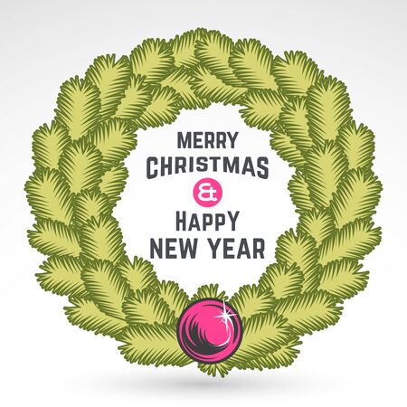 Merry Christmas wreath vector design. Vintage happy New Year postcard. X-mas banner for party, sale, print. December poster or badgeのイラスト素材