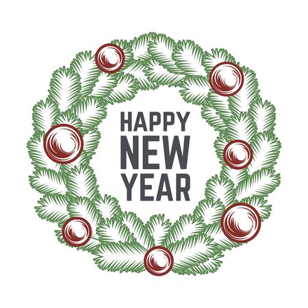 Merry Christmas wreath vector design. Vintage happy New Year postcard. X-mas banner for party, sale, print. December poster or badgeのイラスト素材
