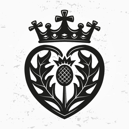 Luckenbooth brooch vector design element. Vintage Scottish heart shape with crown and thistle symbol logo concept. Valentine day or wedding illustration on grunge backgroundのイラスト素材