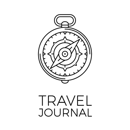 Retro thin line travel illustration. Outline vintage journey symbol. Simple mono linear tour logo. Stroke vector expedition concept isolated on white backgroundのイラスト素材