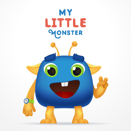 Funny Blue Cartoon alien invader. my little monster typography. Cute Fluffy character with watch isolated on light backgroundのイラスト素材