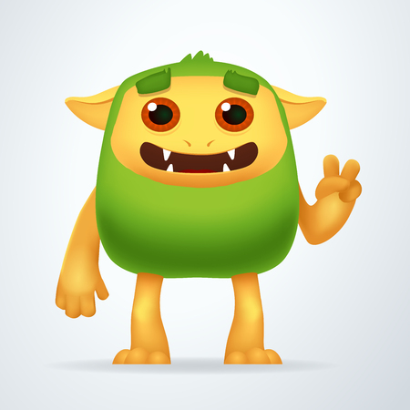 Cute Cartoon Green beast with victory gesture. Fun Fluffy impossible creature isolated on white backgroundのイラスト素材