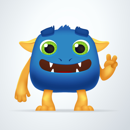 Funny blue and yellow cartoon alien monster creature character with victory gesture. Fun Fluffy mutant rabbit isolated on light backgroundのイラスト素材