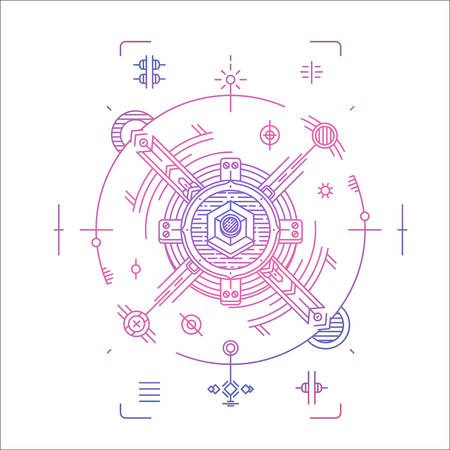 Colorful line geometric futuristic badge design. Modern cosmic linear logotype. Hipster t-shirt illustration conceptのイラスト素材