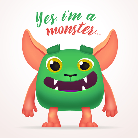 Cute Cartoon Green Creature character with yes i am a monster lettering. Fun Fluffy mutant rabbit isolated on light backgroundのイラスト素材